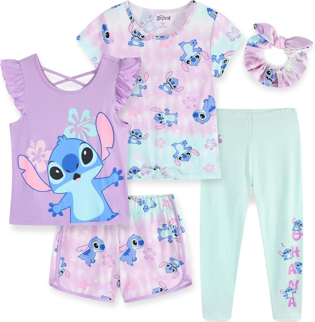 Disney Minnie Mouse Moana Little Mermaid Girls 5 Piece Set with 2 Tops, Leggings, Shorts & Scrunchie for Toddlers & Big Kids (10, Purple/Aqua)