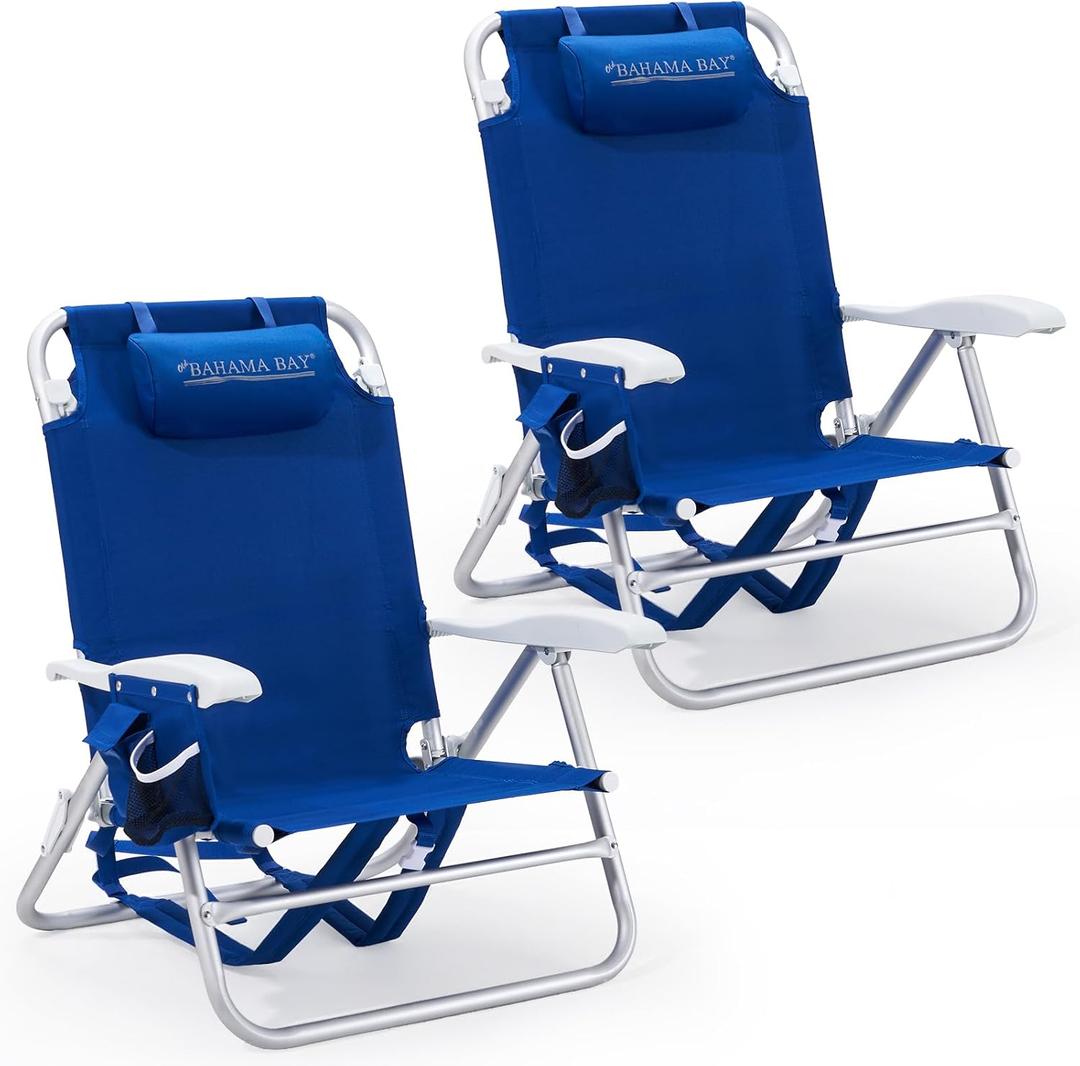 Old Bahama Bay 2 Pack 7-Position Lay-Flat Beach Chair, Lightweight Aluminum Frame Reclining Backpack Chair with Padded Headrest, Cup Holder & Storage Bag, Heavy Duty Support for Tanning & Camping Blue