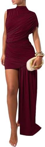 Kwunbwa Women's Sleeveless Ruched Maxi Dress Sexy Irregular Bodycon Casual Elegant Club Party Cocktail Long Dresses, Wine XL
