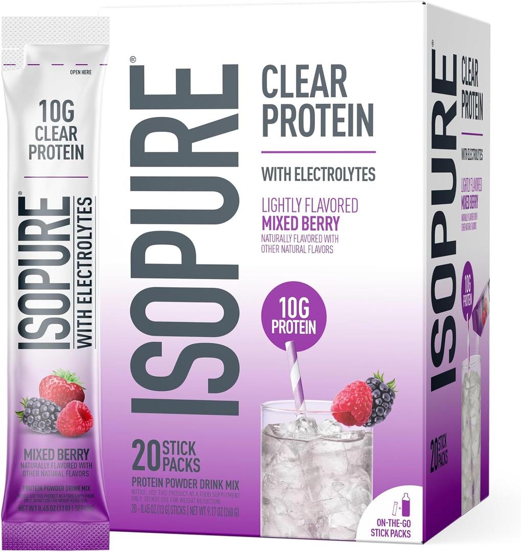 Isopure Clear Protein Stick Pack, Mixed Berry, 20 Count (Pack of 1) | On-The-Go Single Serve Packet, 10g Ultra-Filtered Whey Protein Isolate, Convenient Travel-Friendly Format (BBD 11/01/27)