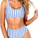 Tempt Me Women Two Piece Scoop Neck Bikini Crop Top Swimsuit Sporty High Waisted Bathing Suit XL Blue White Stripe