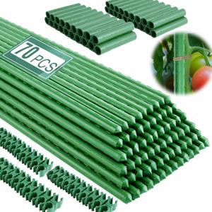 Garden Stakes 16 Inch 70 Pack, Diy 4ft 5ft 6ft 7ft 8ft Tomato Stakes Plastic Coated Metal Plant Sticks Stakes Supports with 40 Connectors 30 Rotatable Clips for Indoor Outdoor Plants Vegetable