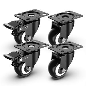 2 inch Swivel Caster Wheels, Heavy Duty Plate Casters with Safety Brake Total Capacity 600lbs for Set of 4 (2 with Brakes and 2 Without)