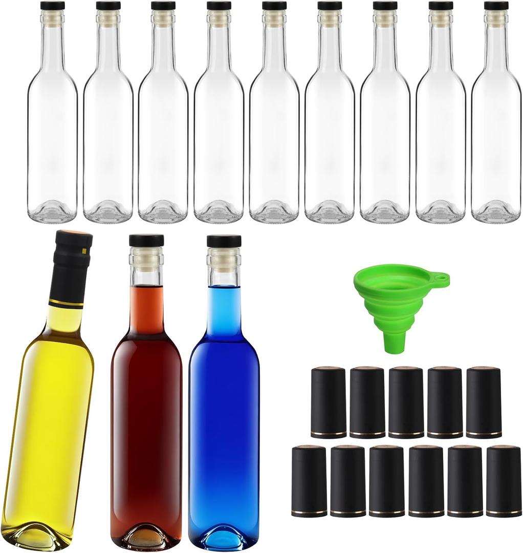 12 Pack 12oz Clear Glass Bottles With T-top Caps & Seal Shrink Capsules, 375ml Empty Wine Bottles with Funnel for Wine, Beverages, Juice & Kombucha