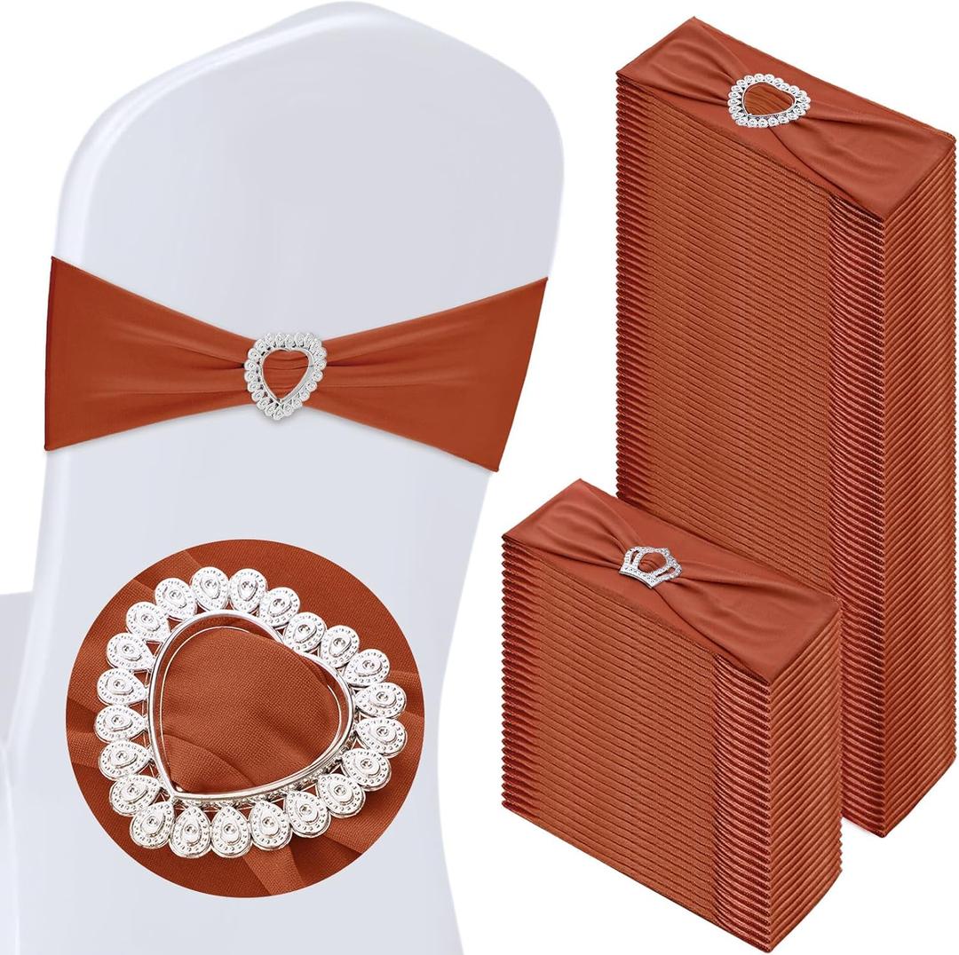 VitalCozy 100 Pcs Spandex Chair Sashes with Heart Shaped Buckle Slider Stretch Chair Cover Band Universal Elastic Ties for Wedding Banquet Event Party Decoration(Terracotta)