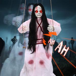 Scary Halloween Decorations Outdoor, Hanging Swinging Girl Ghost with Lighted Eyes and Creepy Sound, Sound Activated Scary Animatronic Doll Prop for Haunted House Yard Porch Halloween Party Decor