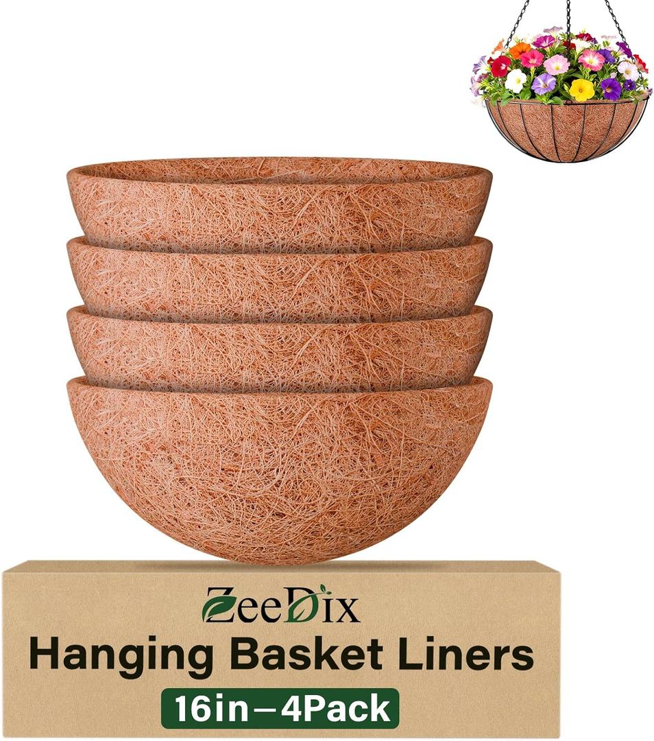 ZeeDix 4 Pack 16 Inch Coco Liners for Hanging Baskets, Round Coconut Liners for Planters Natural Coco Fiber Replacement Liner for Flowers Vegetables Patio Porch Garden Decor