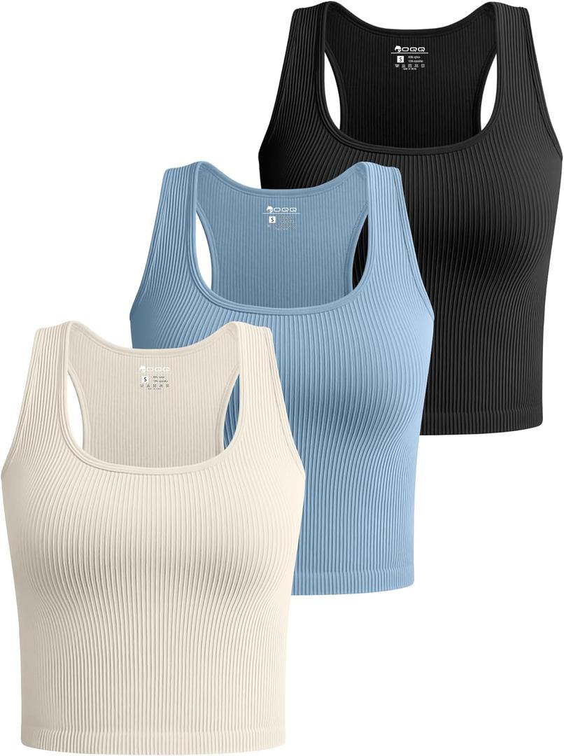 OQQ Women's 3 Piece Crop Tank Shirt Ribbed Seamless Workout Sleeveless Racerback, Black Haze Blue Beige, Small (S)