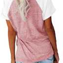 Womens Shirts Summer Henley V Neck Color Block Tshirts Raglan Short Sleeve Casaul Trendy Tops (Pink)