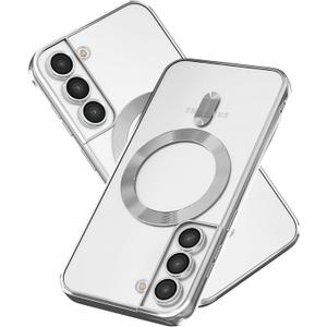 Magnetic for Samsung Galaxy S21 Case,Electroplated Edge Clear Back Slim Protective Phone Case with Camera Protection,Compatible with MagSafe,Silver Edge