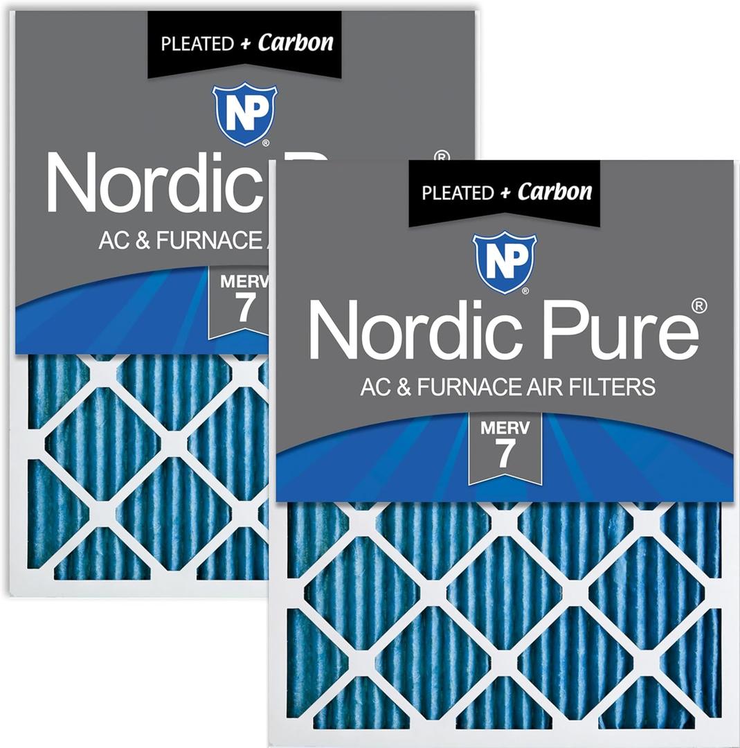 Nordic Pure 20x20x1 (Actual Size: 19 1/2 x 19 1/2 x 3/4) Pleated Air Filters MERV 7 Plus Carbon 2 Pack