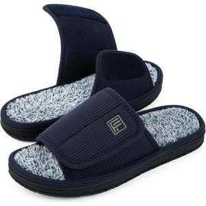 FamilyFairy Men's Adjustable Open Toe Slippers Waffle Comfy Slide Memory Foam House Shoes Indoor Outdoor (11-12, Navy Blue)