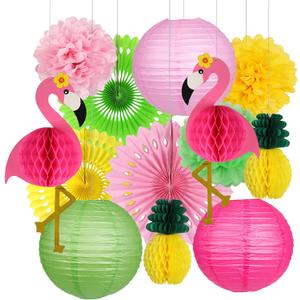 YUNXUAN Flamingo Party Supplies, Hawaiian Party Decorations Flamingo and Pineapple Honeycomb Ball Paper Lanterns Paper Fans Pom poms Flowers for Birthday Luau Tropical Bachelorette Party