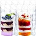 100 Pack Mini Dessert Cups with Spoons Small Plastic 3 oz Slanted Round Shooter Disposable Clear Plastic Parfait Appetizer Cup for Tasting Sample Appetizers