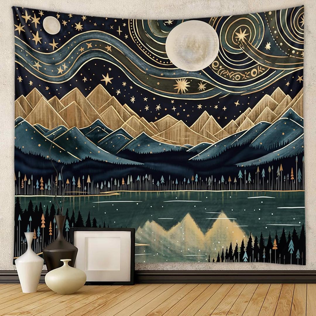 Tapzen Mountain Forest Boho Landscape Moon Stars Tapestry for Bedroom & Living Room (60 x 40 inches) (Black)