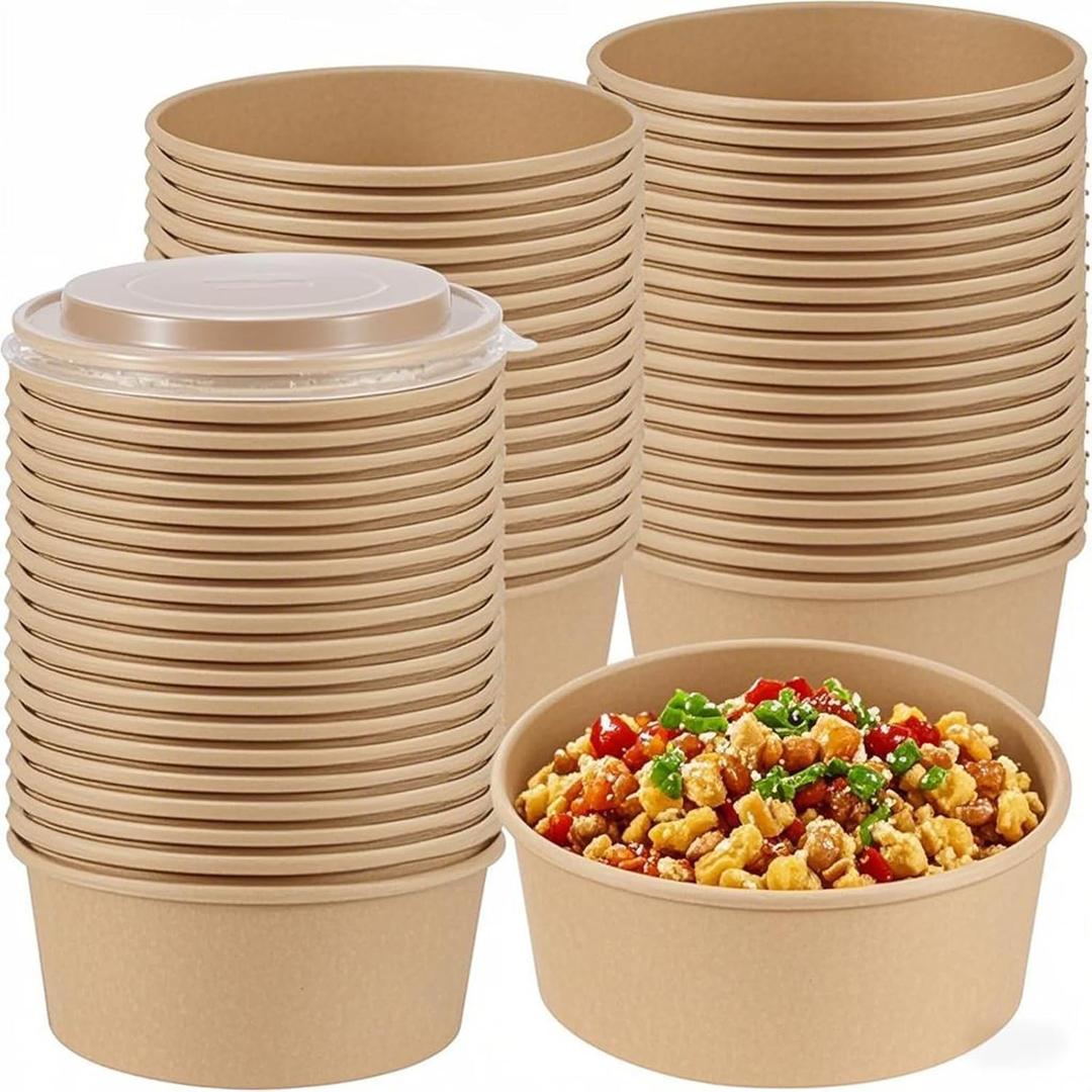 SINJEUN 60 Pack 25 Oz Kraft Paper Bowls with Lids, Disposable Kraft Paper Bowls Food Containers, Round Kraft Paper Salad Bowls Party Restaurant Supplies for Hot/Cold Food, Soup, Ice cream, Takeout