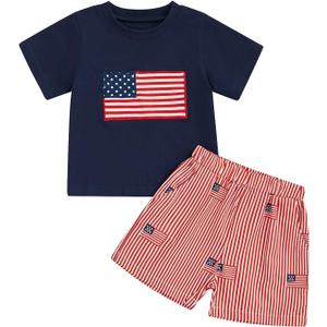 4th Of July Toddler Baby Boy Outfit American Flag T Shirt Top Shorts 2Pcs Set Kids Boys Summer Patriotic Clothes (B Usa Flag Navy Blue, 3-4Y)