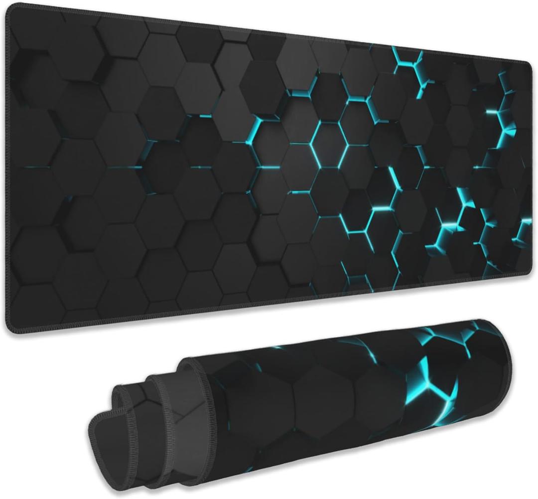 Gaming Mouse Pad, Blue Honeycomb Science Technology Extended Mouse Pad Gaming Large, Big Desk Mat with Non-Slip Base and Stitched Edge, Long Computer Keyboard Mouse Mat for Home Office Work 31.5"x15.7"