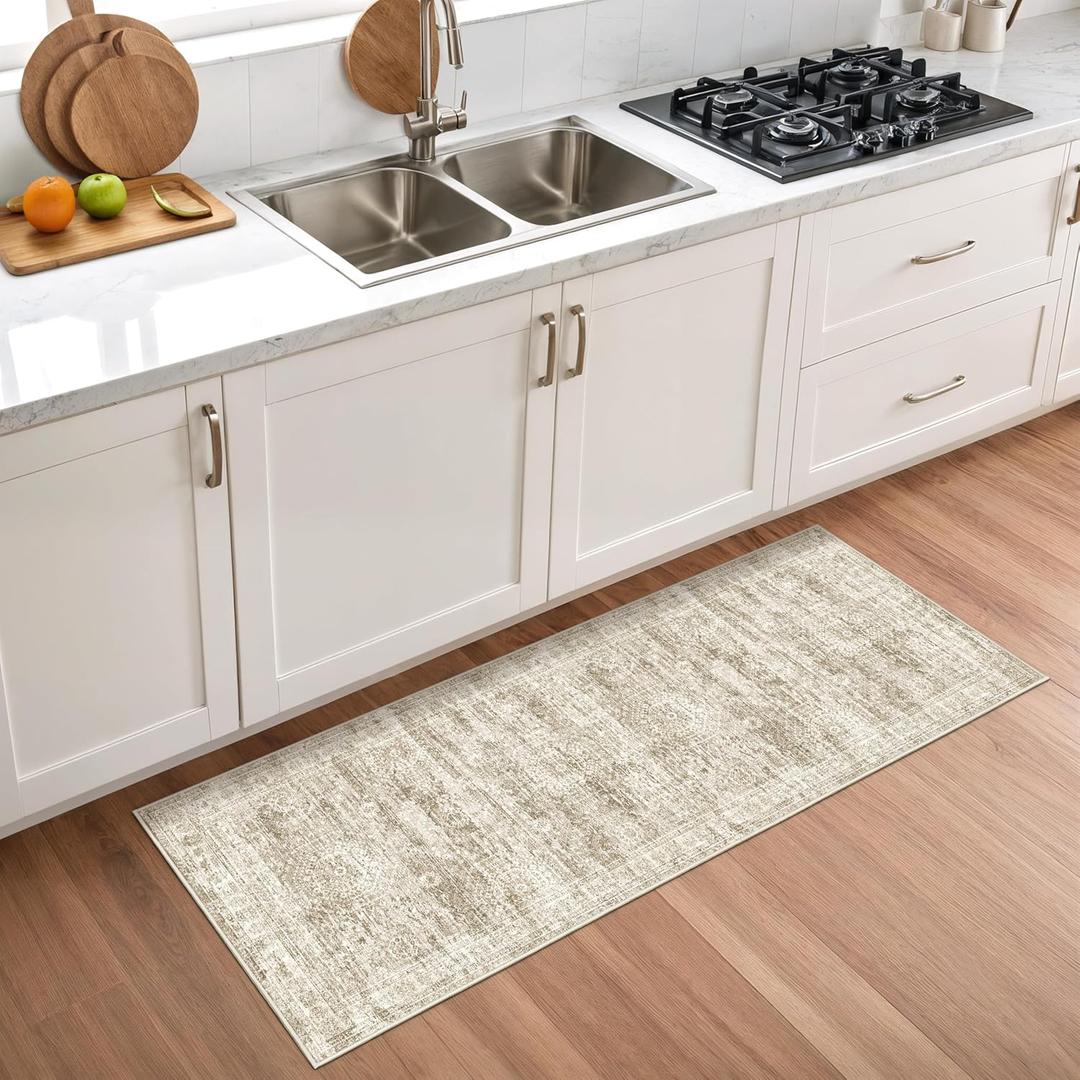 2x5 Rug Runner Washable for Entryway, Soft Bathroom Rugs with Non-Slip Backing, Abstract Low Pile Hallway Runner, Vintage Small Kitchen Carpet for Stair, Laundry Room (Brown/Ivory)