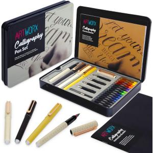 Artworx Calligraphy Pens Set - Introductory Caligraphy Writing & Hand Lettering Kit - Includes Instructions, Guide Book and Practice Book - Calligraphy Set For Beginners