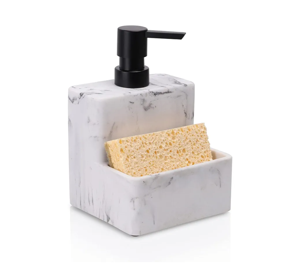 zccz Soap Dispenser with Sponge Holder, Marble Look Liquid Hand and Dish Soap Dispenser Pump Bottle and Sponge Holder 2 in 1 for Kitchen Sink Bathroom Counter Storage and Organization