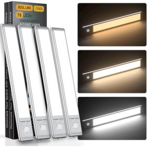 SOUL LINK Under Cabinet Lights, 76 LED Operated Motion Sensor Light Indoor, 1500mAh USB Rechargeable Closet Lights, 4 Pack Magnetic Dimmable Wireless Under Counter Lights for Kitchen, Stairs