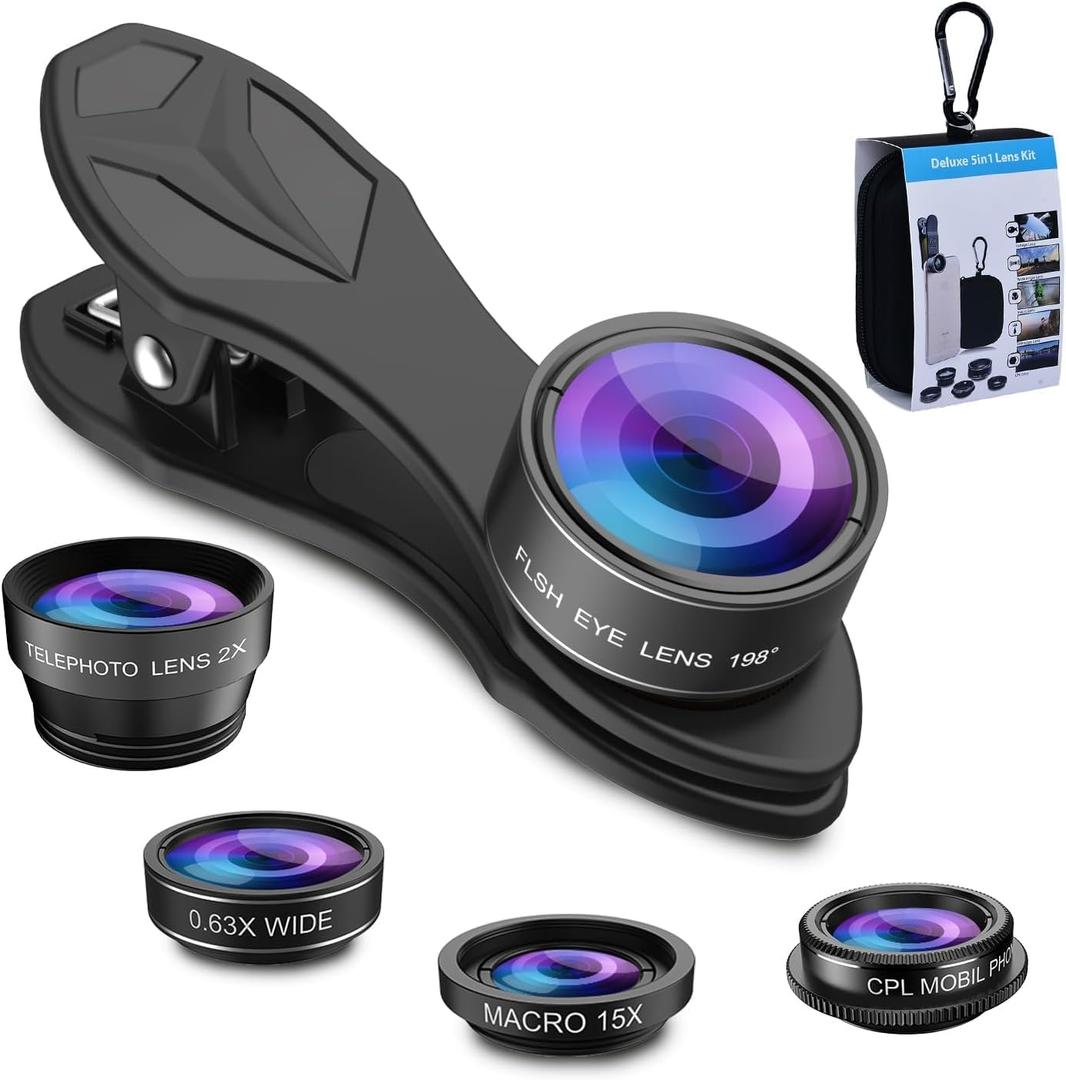 MIAO LAB 5 in 1 Phone Camera Lens Kit -0.63X Wide Angle Lens & 15X Macro Lens+190Fisheye Lens/CPL + 2X Telephoto Lens Compatible with iPhone Samsung Sony and Most of Smartphone