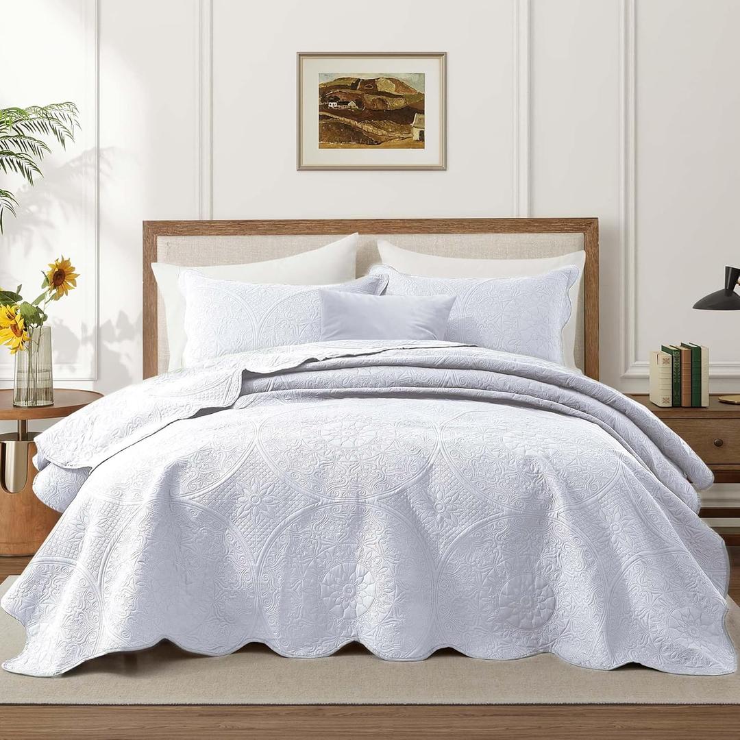 IR Imperial Rooms King Quilt Bedding Set Size (106" x 96") + 2 Pillow Shams (20" x 36"+ 2") - 3 Pcs All Season Lightweight Reversible Microfiber Coverlet Floral Embossed Quilt Bedspread (White)
