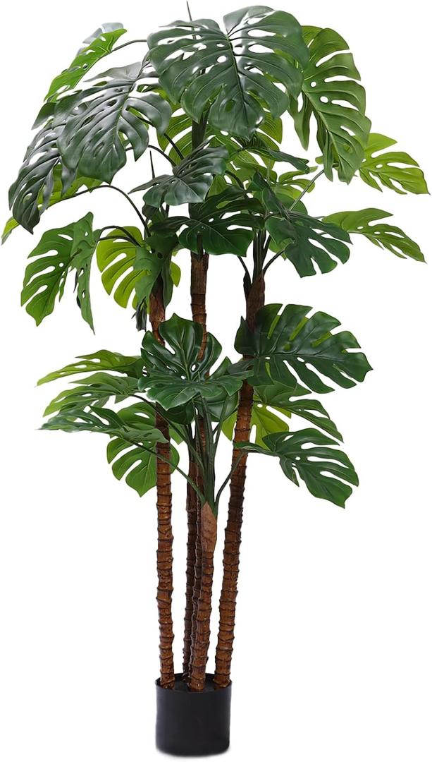 6FT Artificial Monstera,Fake Swiss Cheese Plants Faux Tropical with Bark and Black Pot for Indoor Outdoor Office Living Room Home Decor