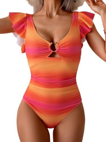 Eomenie Women's One Piece Swimsuit Tummy Control Bathing Suit Cutout Ruffle Slimming Swim Suit,S