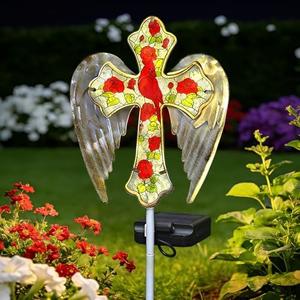 Solar Cross Lights Outdoor, Solar Cardinal Stake Lights Cemetery Decorations for Grave, Jesus Cross Sympathy Memorial Gifts for Women Mom Christmas, Glass Garden Art for Cemetery Yard Patio