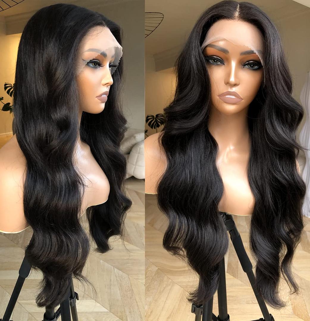 BlackSwern Black Glueless Lace Front Wig Pre Plucked, Synthetic Lace Front Wig Human Hair Feeling Wig for Black Women, Ready to Wear Wigs Pre-cut Pre-plucked, 1 Jet Black, 24