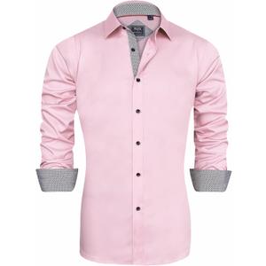 J.VER Men's Casual Long Sleeve Stretch Dress Shirt Wrinkle-Free Regular Fit Button Down Shirts (Medium, Pink)