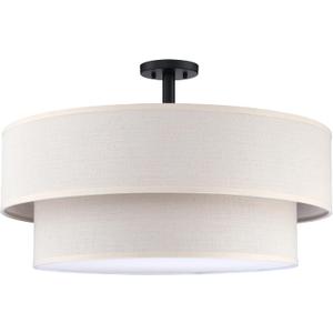 5 Light Semi Flush Mount,Close to Ceiling Light Fixture with Linen Fabric Shade Black Finish 24 inch Semi Flush Drum Light for Bedroom,Living Room,Dining Room Hallway