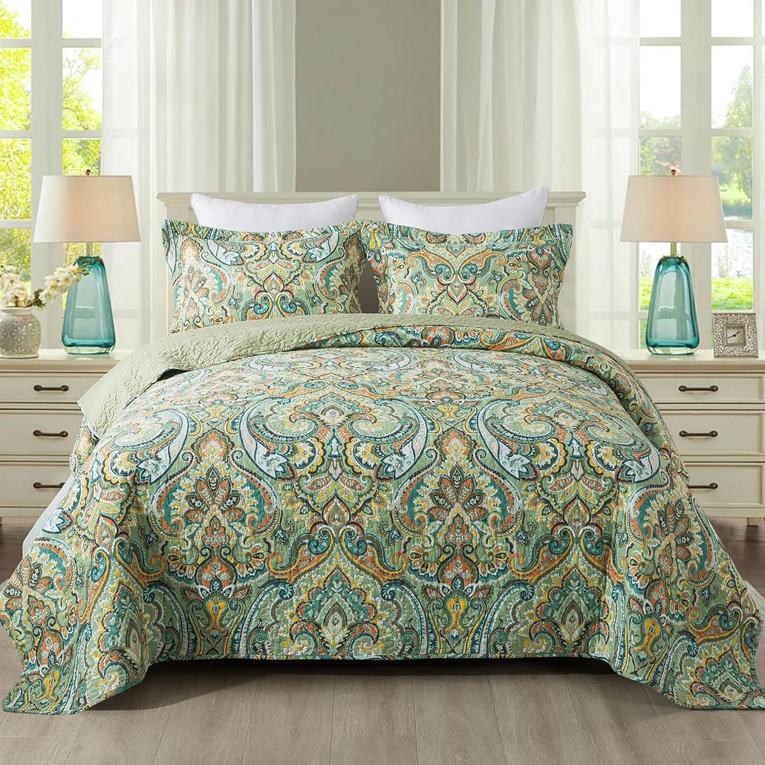 Etwel King Size Quilt Set, Crown Green King Quilt 3 Pieces, Lightweight Cotton Bedspread, Soft Bedding Set for All Season, Reversible Coverlet Bedding Set, King Size 106"x98"