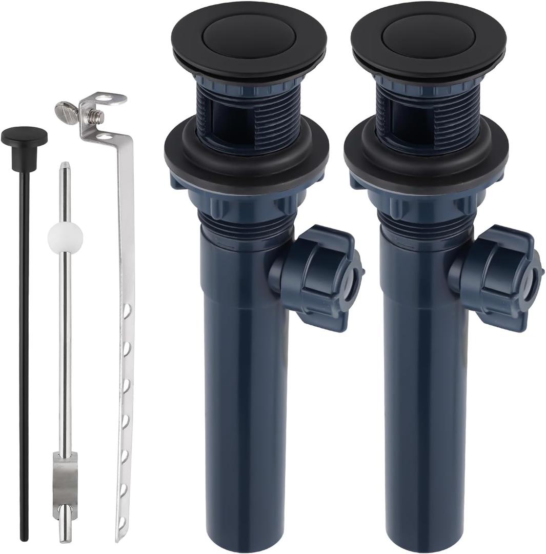 2 x 2PCS Bathroom Sink Drain with Lift Rod, Pop Up Sink Drain with Overflow, Universal Fit, Matte Black Drain Stopper for Vessel Sink, Assembly for Bathroom Faucet Sink
