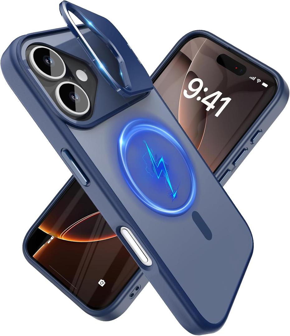 YFEMLAZ for iPhone 16 Case(Built-in Invisible Kickstand) Heavy Duty MagneticCompatible with MagSafe Military-Grade Drop Protection,Translucent Matte for iPhone 16 Case 6.1",Blue