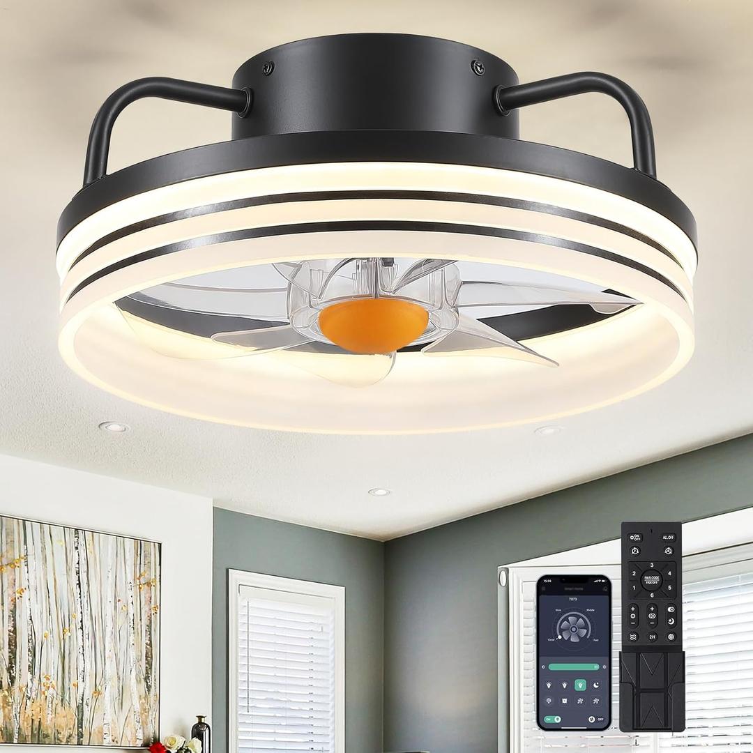 Ceiling Fans with Lights and Remote - Flush Mount Low Profile Ceiling Fans - 13 Bladeless Enclosed Ceiling Fans with Led Light and Stepless Dimming, Small Modern Ceiling Fan for Bedroom (Black-13"-7873)