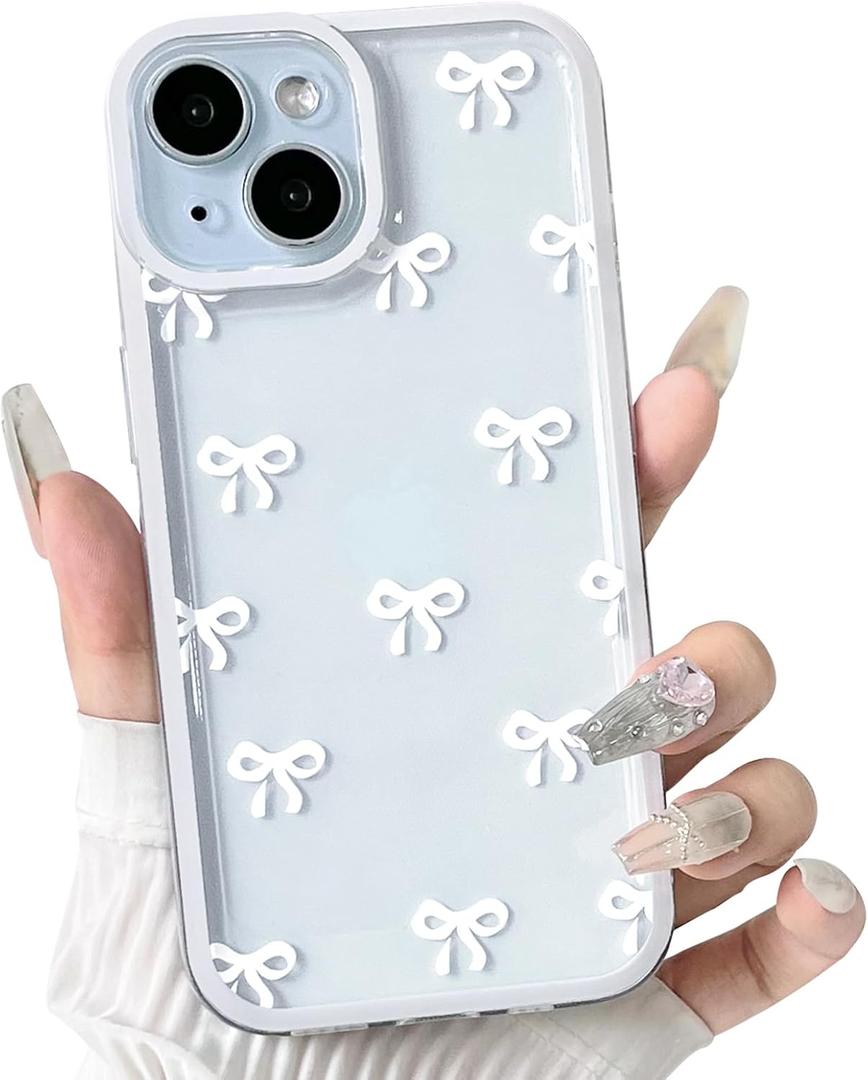 NITITOP Compatible with iPhone 15 Case Cute Clear Durable Ribbon Bowknot Pattern for Girls Women Soft TPU Transparent Full Camera Lens Shockproof Protective Phone Cover - White