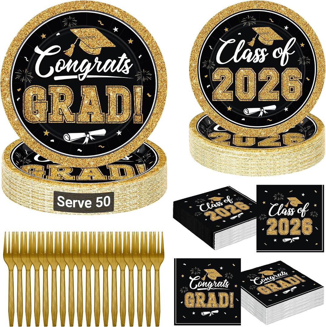 QZYL 200Pcs Graduation Party Supplies 2026, Black and Gold Graduation Plates and Napkins, Disposable Grad Dessert Plates and Plastic Forks, Graduation Party Tableware for 50 Guests