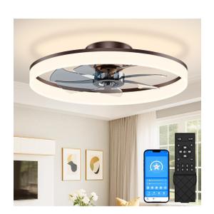 VOLISUN Low Profile Ceiling Fans with Lights and Remote, 24in Fandelier Ceiling Fan Flush Mount, 3000K-6500K Smart Bladeless LED Fan Light, Brown Modern Ceiling Fans with Lights for Bedroom