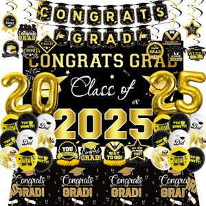 Graduation Decorations 2025, Class of 2025 Backdrop, Banner, 2025 Foil Balloons, Tablecloth, Hanging Swirls, Honeycomb Centerpieces, Party Supplies Decorations Set for College (Black ang GOLD)