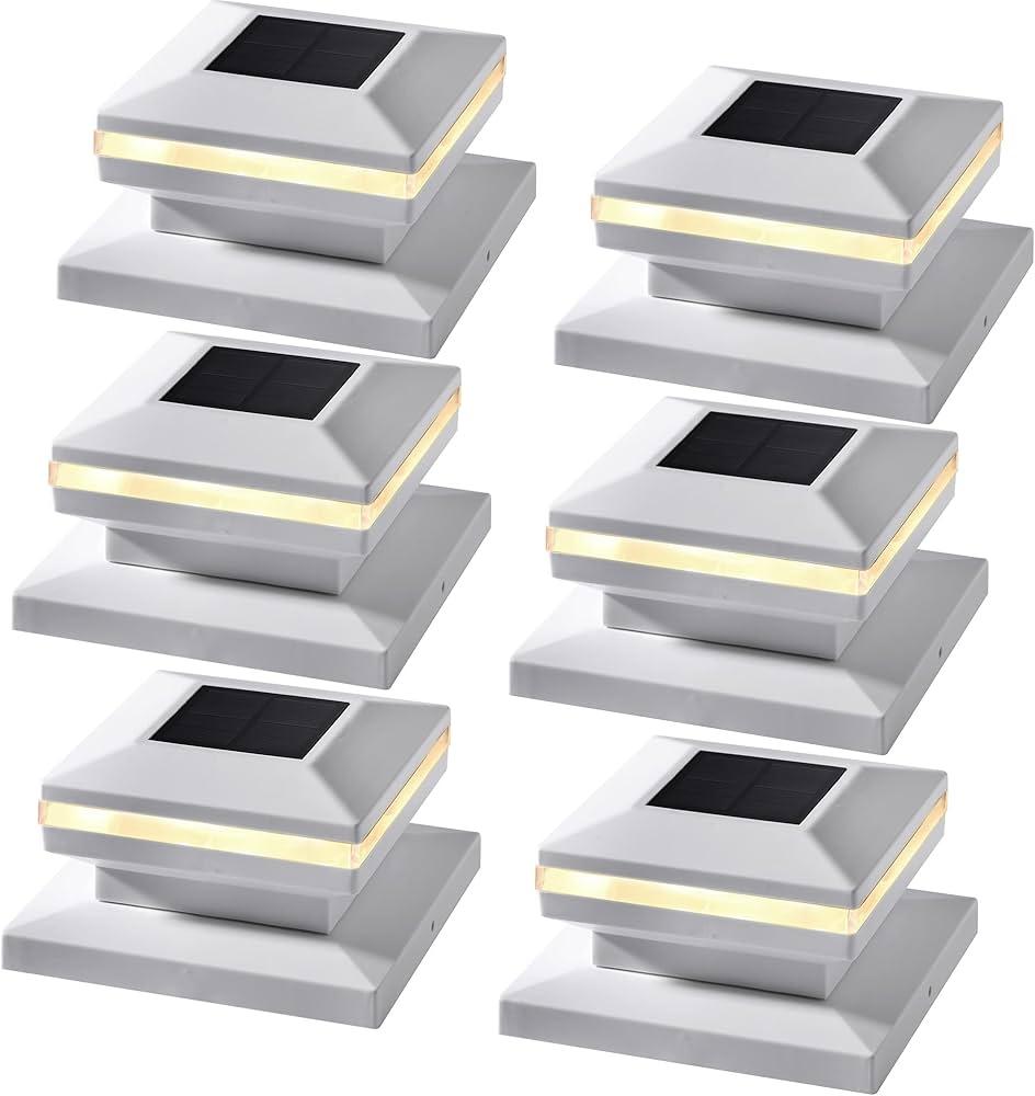 MAGGIFT 6 Pack Post Lights, Outdoor Cap for Fence Deck Patio, Solar Powered, Warm White High Brightness SMD LED Decorative Lighting, Lamp Fits 4x4, 5x5 or 6x6 Wooden, White