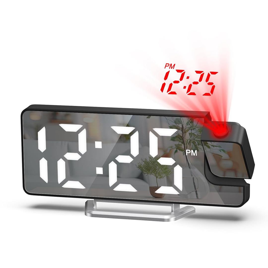 JXTZ Projection Alarm Clock, Digital Alarm Clock with Large 7.9" LED Display, 180 Rotatable Projection Clock with Temperature, Dimmer, Snooze, Night Mode, LED Mirror Digital Clock for Bedroom Decor (Black)