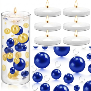 FFUW 200 Pcs Floating Pearls and 6 Pcs Floating Candles NO Hole Pearls for Vases Candles for Centerpieces Home Weddings Table Party Decor(Blue)