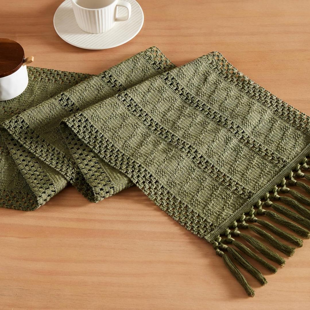 ZeeMart Macrame Style Boho Table Runner, Moss Green Table Runners 48 Inches Long, Farmhouse Woven Home Decor, 12x48 Inch, Moss