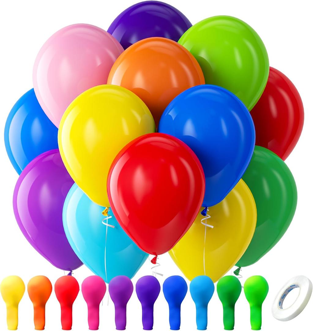 Bezente Assorted Rainbow Latex Balloons, 100 Pack 12 inch Round Helium Bright Color Balloons for Birthday Baby Shower Wedding Party Decorations