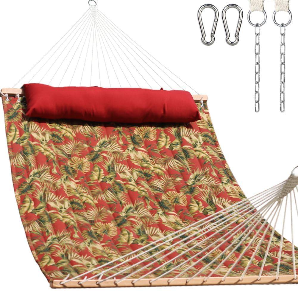 Lazy Daze Hammocks 12FT Quilted Fabric Hammock with Soft Pillow, Double 2 Person Tree Hammock with Spreader Bar for Outside Patio Poolside Backyard Beach, 450 lbs Capacity, Red Leaf, Floral Red