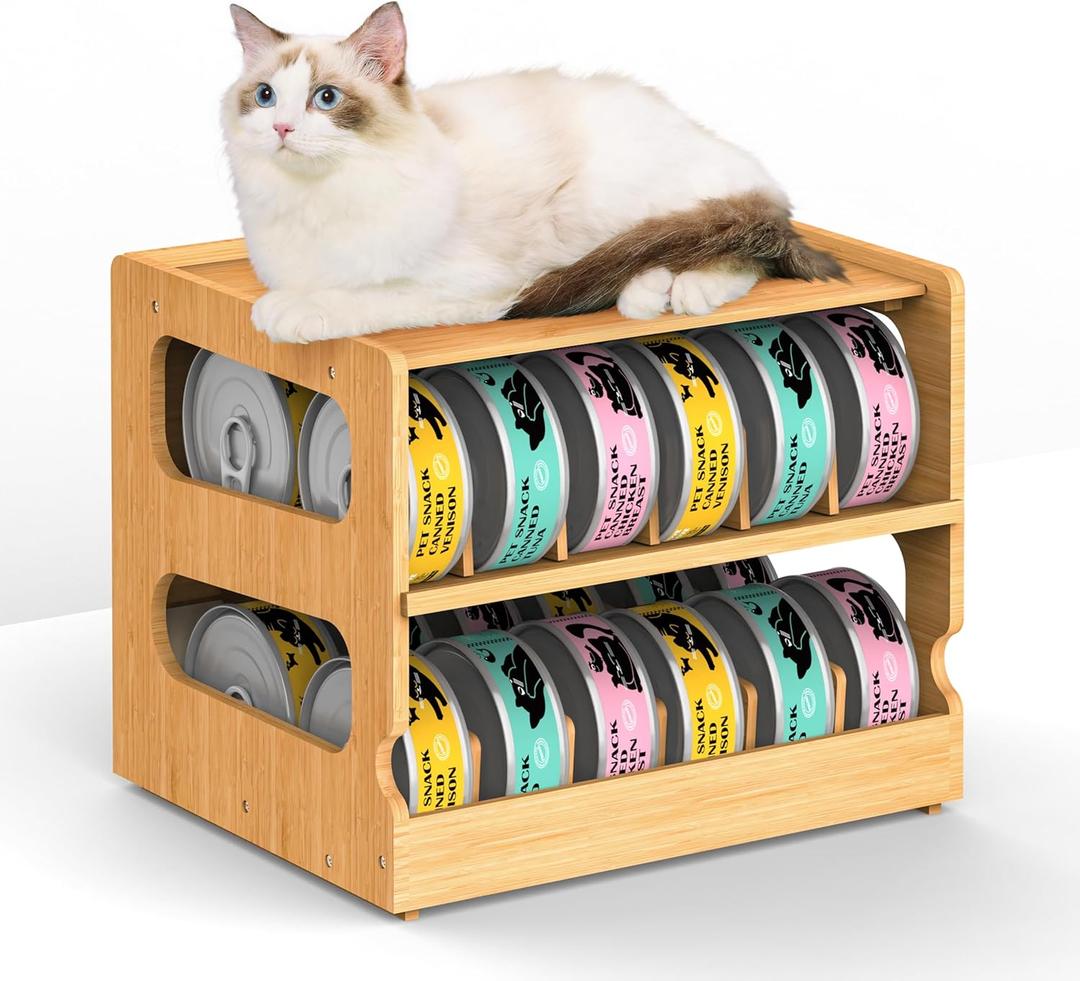Teamkio Stackable Bamboo Cat Food Organizer, 2-Tier Adjustable FIFO Can Dispenser Space-Saving Storage, Holds Up to 36 Cans - Ideal for Pantry, Cabinet, Countertop