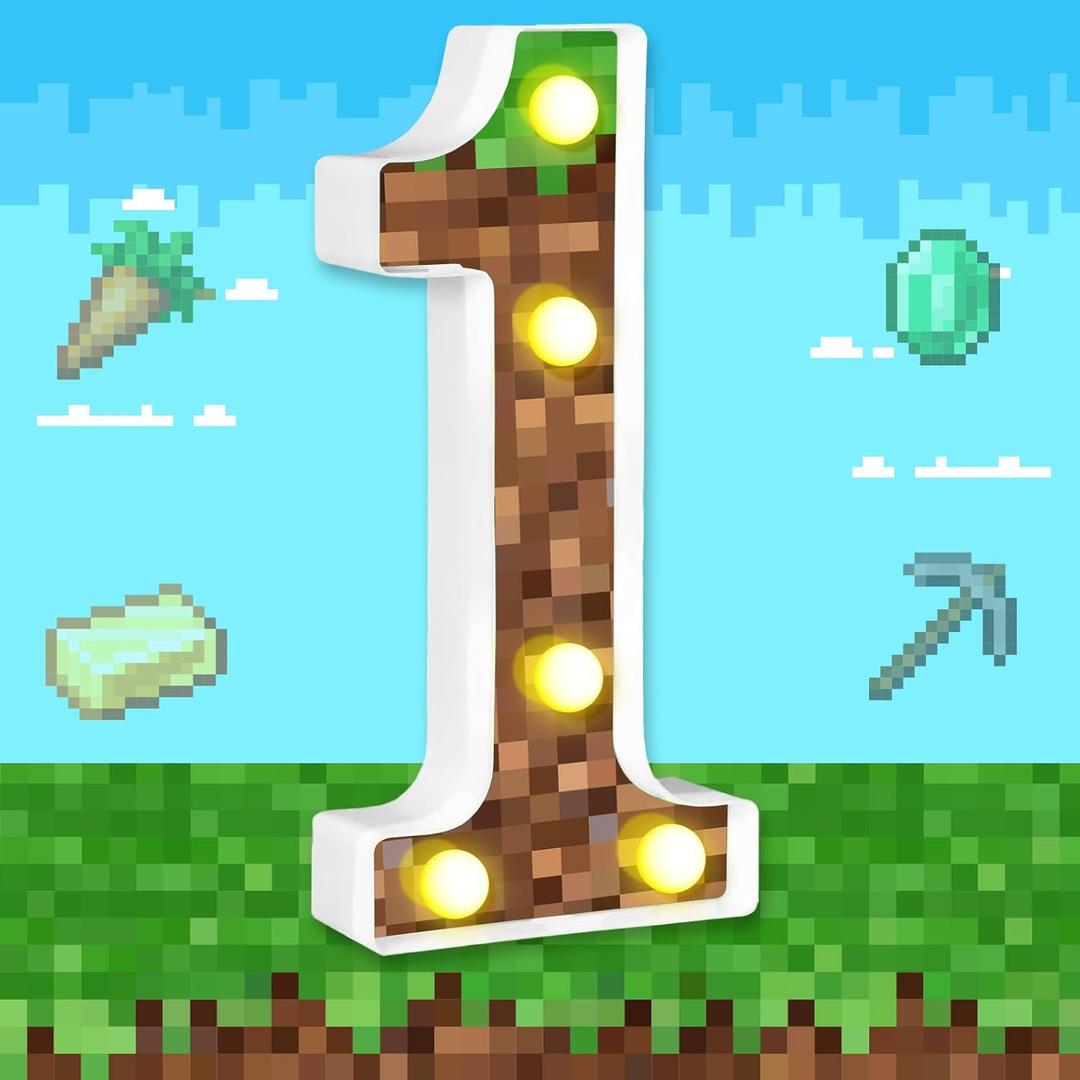 8.5" Pixel Game Party Decorations Light up Numbers Marquee Number Lights Sign Pixel Theme Birthday Party Supplies Table Centerpieces Pixel Pattern Game Theme Night Light for Home Decor (Number 1)